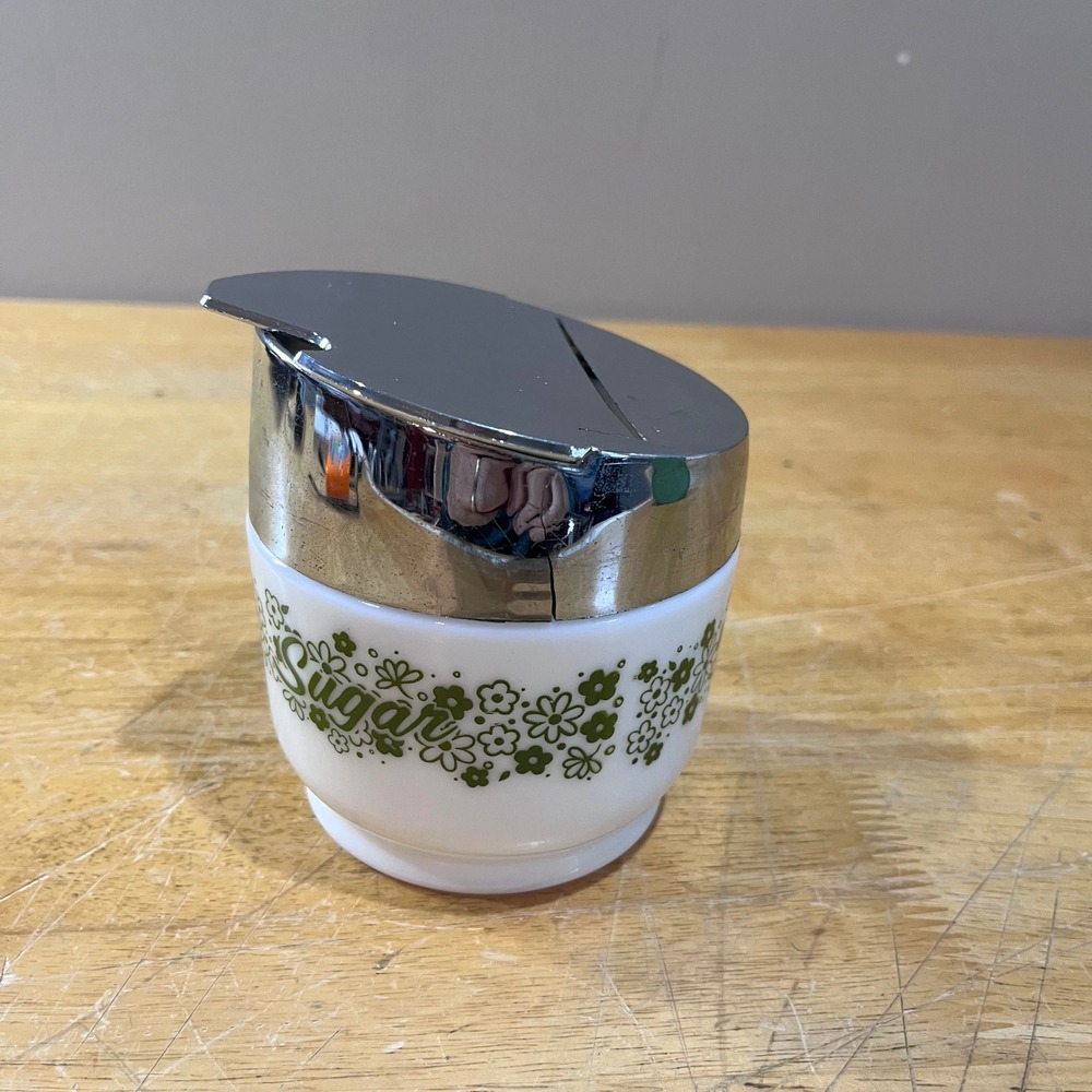 Vtg Milk Glass Sugar Bowl Spring Blossom Green Crazy Daisy Chrome Lid Retro 70s - Picture 3 of 6